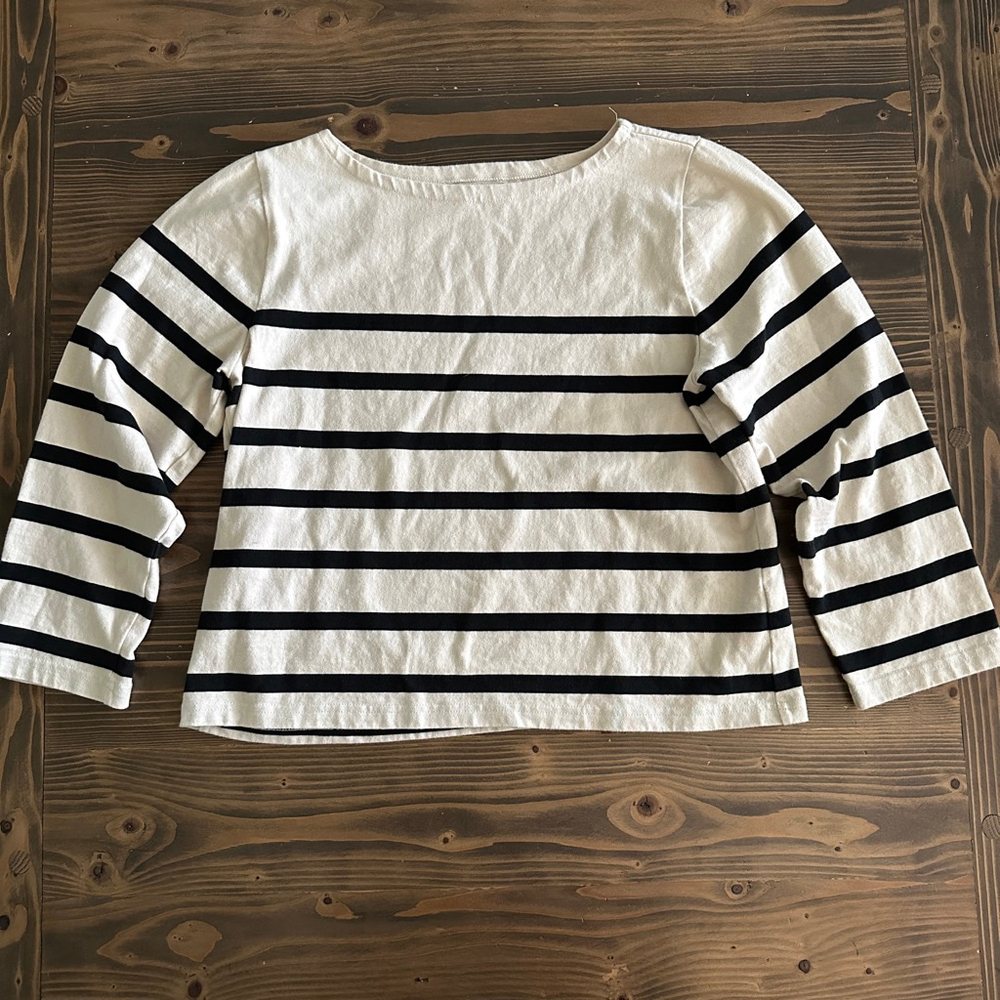 Women’s J.Crew Long Sleeve Striped Boat Neck Tee L White Black Cotton Minimalist